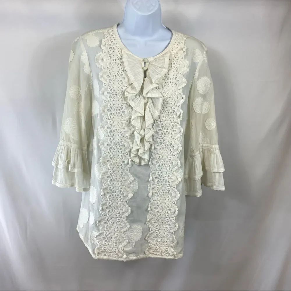 Etcetera White Ruffled Embroidered 3/4 Bell Sleeve Blouse Size 10 STUNNING!